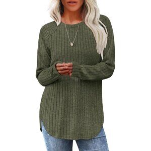 Women's Olive Green Crewneck Long Sleeve Loose Sweaters Shirts Tops Clothes